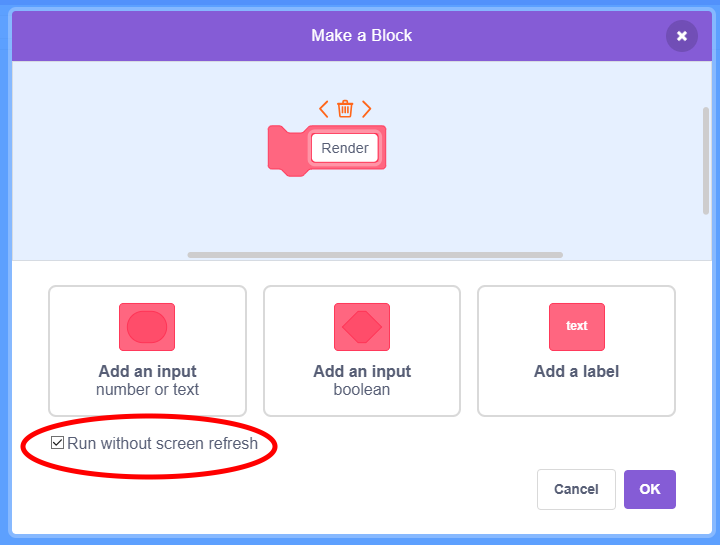 Creating a block, named "Render", with "Run without screen refresh" enabled.